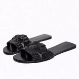 Stetnode Women Chic Rhinestone Flat Sandals Black Rounded Toe Casual Flat Slippers 2024 Summer New Outdoor Woman's Flip-flops Shoes