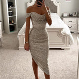 Stetnode outfit Sexy Asymmetrical Shinny Glitter Fold Long Dress Women Elegant Solid 2024 Winter Banquet Dresses One Shoulder Bodycon Party Robe