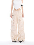 Stetnode back to school spring outfit Ladia Solid Color Apricot High Waist Streetwear Multi-Pocket Straight Leg Cargo Pants
