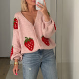 Stetnode Vintage Women Knit Cardigan Long Sleeve Strawberry Button Closure Fall Casual Jacket Sweater Y2K Fashion Streetwear