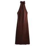 Stetnode Outfit Elegant Halter Satin Maxi Dress Women Tied Backless Brown Slim Midi Dress Off Shoulder Party Dresses Pleated Evening Party Dress