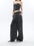 Stetnode back to school spring outfit Mina Vintage Grey Denim Bandeau Top + Straight Wide Leg Jeans Pants Matching Set