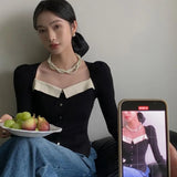 Stetnode Vintage Knitted Sweater Women Square Collar Cropped Pullovers Korean Elegant Slim Knitwear Simple Patchwork Jumpers Tops