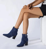 Stetnode Women Deep Blue Suede Surface High Heel Boots Sexy Point Head Side Zip Short Boots 2025 Autumn Female Elegant Chelsea Boots