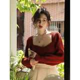 Stetnode Vintage Square Neck Sweater Women Elegant Solid Knitted Pullovers Korean Slim Knitwear Streetwear All Match Jumper Tops