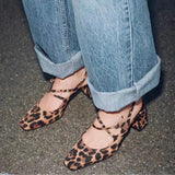 Stetnode Woman Chic Leopard Print High Heels Vintage Square Head Shallow Mouth Slingback Sandals Shoes Vintage Female Mary Jane Shoe