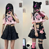 Stetnode nye outfits party outfits  American Sexy Hollow Out Black Pink T-shirts 2024 Summer New Print Tee Shirt Y2k Grunge Off Shoulder Short Sleeve Tops Women