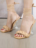 Stetnode Lace-Up Open Toe Split-Joint Square-Toe Pumps Sandals