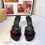 Stetnode Summer Women Cherry Bead String High Heel Sandals Sexy Round Toe Peep Toe Padded Slider Sandals Female Stilettos High Heels