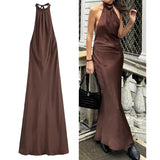 Stetnode Outfit Elegant Halter Satin Maxi Dress Women Tied Backless Brown Slim Midi Dress Off Shoulder Party Dresses Pleated Evening Party Dress