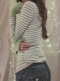 Stetnode Green Vintage Button Front Striped Ribbed Knit Top