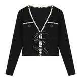 Stetnode Vintage Knitted Cardigan Women Bow V Neck Cropped Sweaters Korean Elegant Slim Knitwear Y2K Black Casual Jumpers Coats New