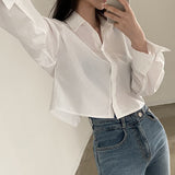 Stetnode Y2K White Slit Shirts Women Korean Elegant Solid Casual Long Sleeve Split Chic Blouse Fashion Streetwear Loose Crop Tops