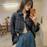 Stetnode Harajuku Crop Plaid Shirts Women Vintage Long Sleeve Loose Sunscreen Blouses Korean Fashion Casual All Match Top Thin Coat