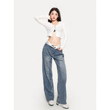 Stetnode back to school spring outfit Zhou Vintage Denim Blue Wide-leg High Waist Lapel Fold Straight Leg Jeans Pants