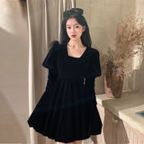 Stetnode Vintage Black Velvet Mini Dress Women Party Square Collar Dresses Ladies Korean Elegant Puff Long Sleeve Bodycon Vestidos