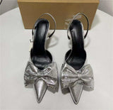 Stetnode Women’s Silver Bow High Heels Sexy Pointed Toe Leather Female Baotou Pumps 2024 Summer Elegant Lady Party Prom Heel Shoes