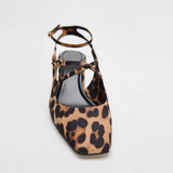 Stetnode Woman Chic Leopard Print High Heels Vintage Square Head Shallow Mouth Slingback Sandals Shoes Vintage Female Mary Jane Shoe