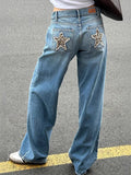 Stetnode Blue Retro Leopard Print Star Boyfriend Jeans