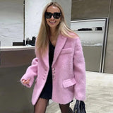 Stetnode Spring Outfits Fashion Pink Lapel Women's Coats Long Sleeve Single Breasted Warm Thick Coat 2025 Winter Elegant Pockets Blazer Lady Outwear