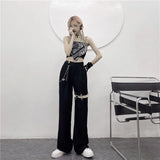 Stetnode Harajuku Hollow Out Wide Leg Pants Women Chain High Waist Straight Trousers Spring Hip Hop Streetwear All Match Trousers