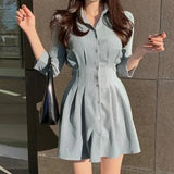 Stetnode Solid Mini Dress Women Elegant Folds Slim A Line Shirts Dress Office Lady Korean Long Sleeve Simple Casual Vestidos New