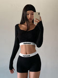 Stetnode Letter Print Long Sleeve High Waist Top Short Pants Women'S Sets Yoga Gym Sportsuits Leggings Casual ClothingChristmas Gifts