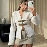 Stetnode Outfit Vintage White V Neck Woolen Jacket Woman 2024 Elegant Long Sleeve Leather Single Breasted Coat Lady Autumn Outwear Cardigan Top