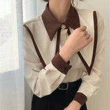 Stetnode Vintage Elegant Shirts Women Chiffon Patchwork Ruffle Turn Down Collar Long Sleeve Blouse Korean Office Lady Loose Tops