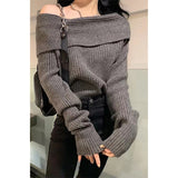 Stetnode Elegant Slash Neck Sweater Women Sexy Off Shoulder Black Knitted Pullovers Korean Aesthetic Knitwear Long Sleeve Jumpers