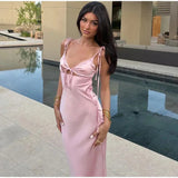 Stetnode outfit Sexy Satin Hollow Out Bow Maxi Dress Women Elegant Backless V Neck Sleeveless Slim Party Dresses 2024 New Vacation Lady Robes