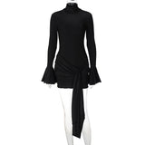 Stetnode High Neck Bandage Pleated Mini Dress Women's Solid Color Long Sleeve Sexy Patchwork Dress Elegant Party Streetwear Dress