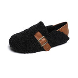 Stetnode Women Black Lamb Wool Plus Warm Flat Shoes Round Toe Shallow Mouth Single Shoes Autumn Female Non-Slip Lamb Wool Cotton Shoes