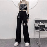 Stetnode Harajuku Hollow Out Wide Leg Pants Women Chain High Waist Straight Trousers Spring Hip Hop Streetwear All Match Trousers