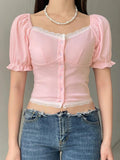 Stetnode Puff Sleeve Pink Slim Short Sleeve Knits