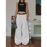 Stetnode back to school spring outfit Caroline Solid Color High Waist Wavy Line Panels Slacks Wide-Leg Pants