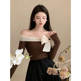 Stetnode French Elegant Sweater Women Sexy Off Shoulder Bow Slash Neck Pullovers Ladies Y2K Korean Stretch Slim Long Sleeve Tops