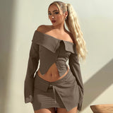 Stetnode Off The Shoulder Long Sleeve Button Crop Top Short Skirt Women'S Sets Casual Clotehs Elegant Evening Sexy Set Y2KChristmas Gifts