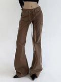 Stetnode Vintage Brown Button Lace Up Flare Jeans