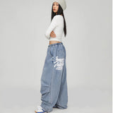 Stetnode outfit Blue Letter Printted Denim Top Sweatpants Suit Women Elastic Waist Street Loose Dance Hip Hop Street Trendy Retro Wide Leg Pants