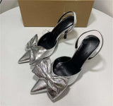 Stetnode Women’s Silver Bow High Heels Sexy Pointed Toe Leather Female Baotou Pumps 2024 Summer Elegant Lady Party Prom Heel Shoes