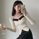 Stetnode Vintage Knitted Sweater Women Square Collar Cropped Pullovers Korean Elegant Slim Knitwear Simple Patchwork Jumpers Tops