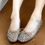 Stetnode Women Fashion Rhinestone Rivet Mesh Sandals Round Toe Shallow Mouth Breathable Ballet Flats Elegant Comfy Mules Shoes