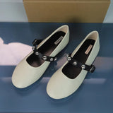 Stetnode Woman’s White Leather Ballet Flat Shoes Chic Round Head Shallow Mouth Flats Shoes Women Metal Buckle Wide Strap Rivet Shoes