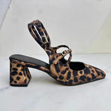 Stetnode Woman Chic Leopard Print High Heels Vintage Square Head Shallow Mouth Slingback Sandals Shoes Vintage Female Mary Jane Shoe