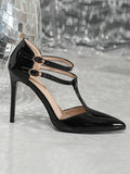 Stetnode Belt Buckle Hollow Pointed-Toe Shiny Split-Joint Pumps