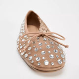 Stetnode Women Fashion Rhinestone Rivet Mesh Sandals Round Toe Shallow Mouth Breathable Ballet Flats Elegant Comfy Mules Shoes