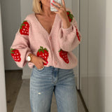 Stetnode Vintage Women Knit Cardigan Long Sleeve Strawberry Button Closure Fall Casual Jacket Sweater Y2K Fashion Streetwear