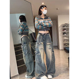 Stetnode Mexzt Y2K Cargo Jeans Women Streetwear Multi-Pocket Wide Leg Denim Pants Harajuku Vintage High Waist Baggy Casual Trousers New