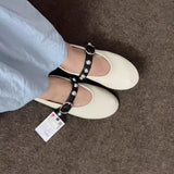 Stetnode Woman’s White Leather Ballet Flat Shoes Chic Round Head Shallow Mouth Flats Shoes Women Metal Buckle Wide Strap Rivet Shoes